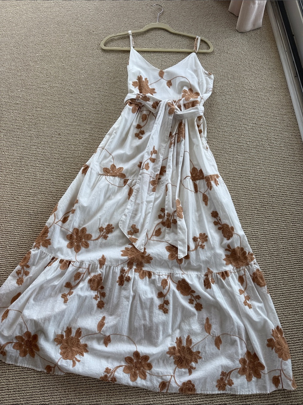 White Floral Embroidered Maxi Dress with Belt